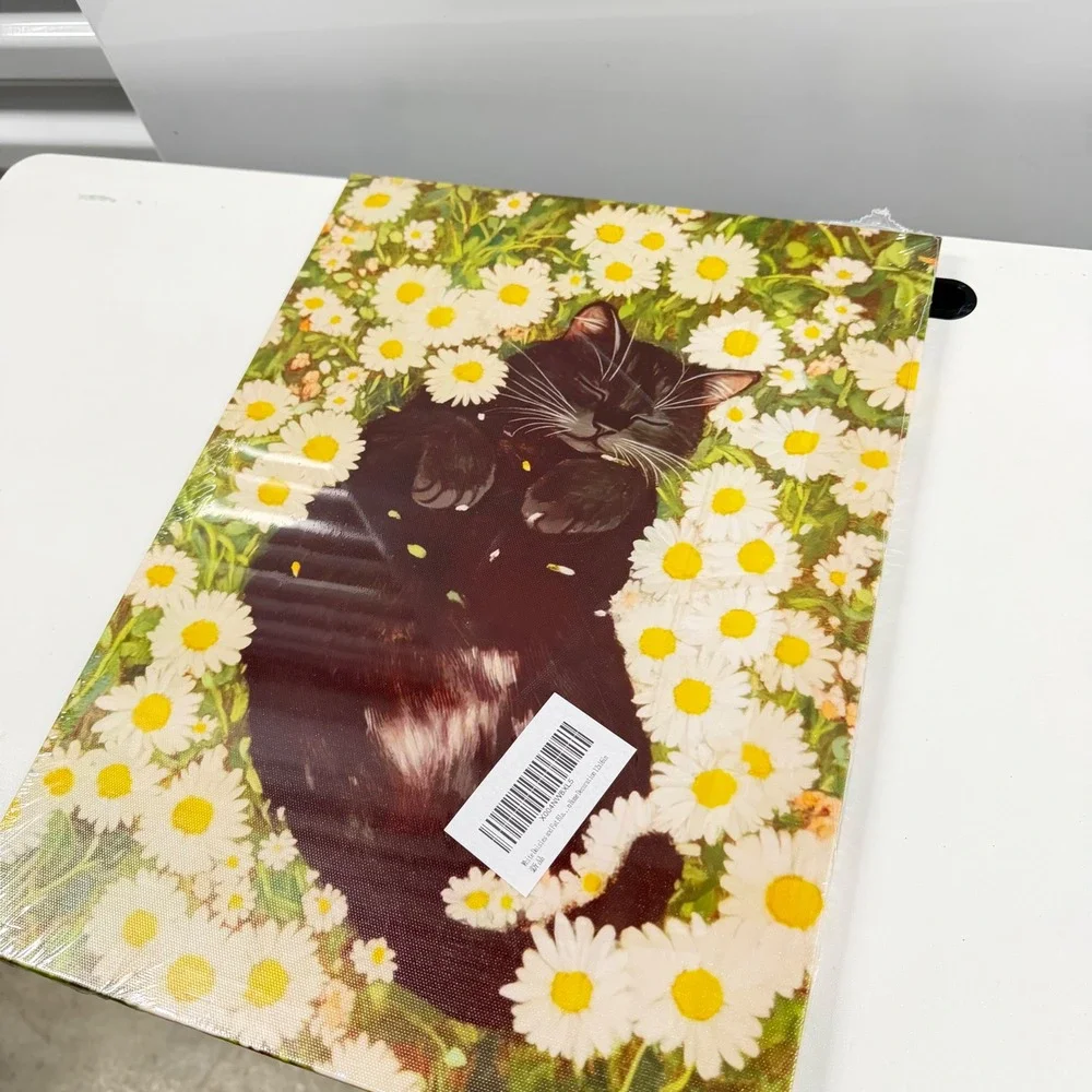 Black Cat Sleeping in Daisies Canvas Wall Art 12x16 Gallery Wrapped Floral Decor